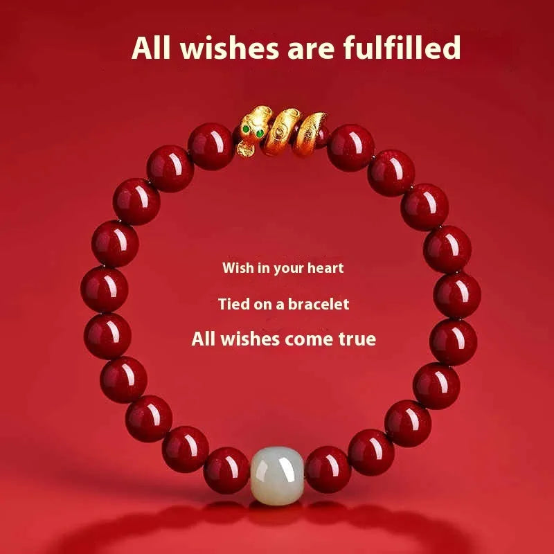 Chinese Zodiac snake bracelet featuring genuine cinnabar beads in Year of Snake design for body protection, available in 6mm and 8mm sizes with three purity levels of purple gold sand and Emperor sandstone