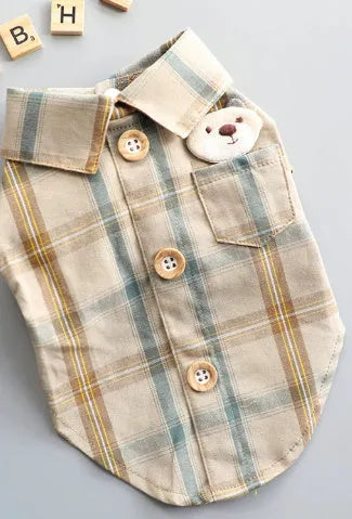 Soft cotton pet shirt with two feet design in blue, red, or rice brown, sizes XS to XL