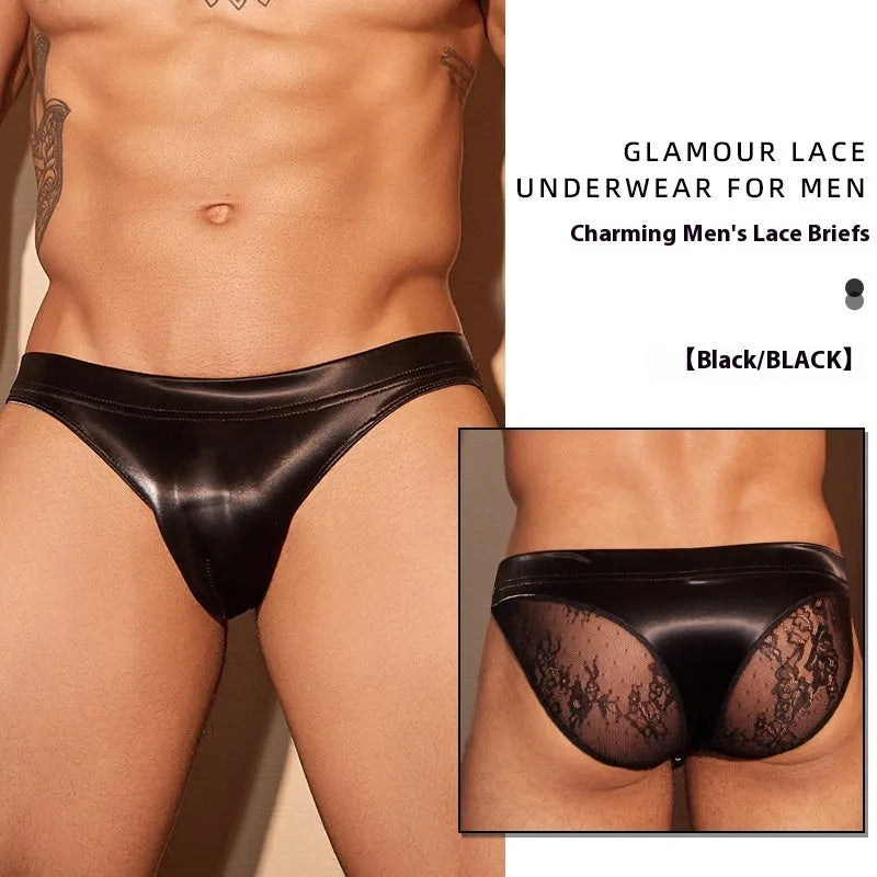 Men's black hip small cut briefs made from shark skin lace polyester fabric