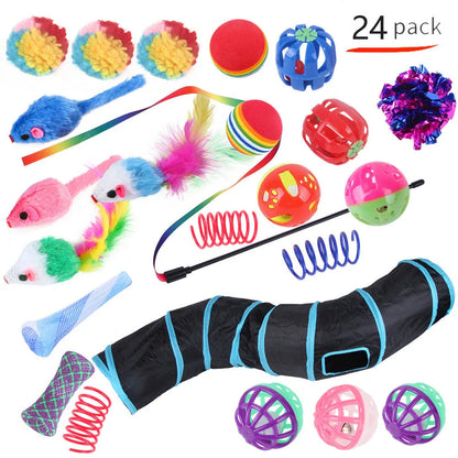 Plastic cat toy set with coloured tunnel channels and a ball for interactive indoor play.