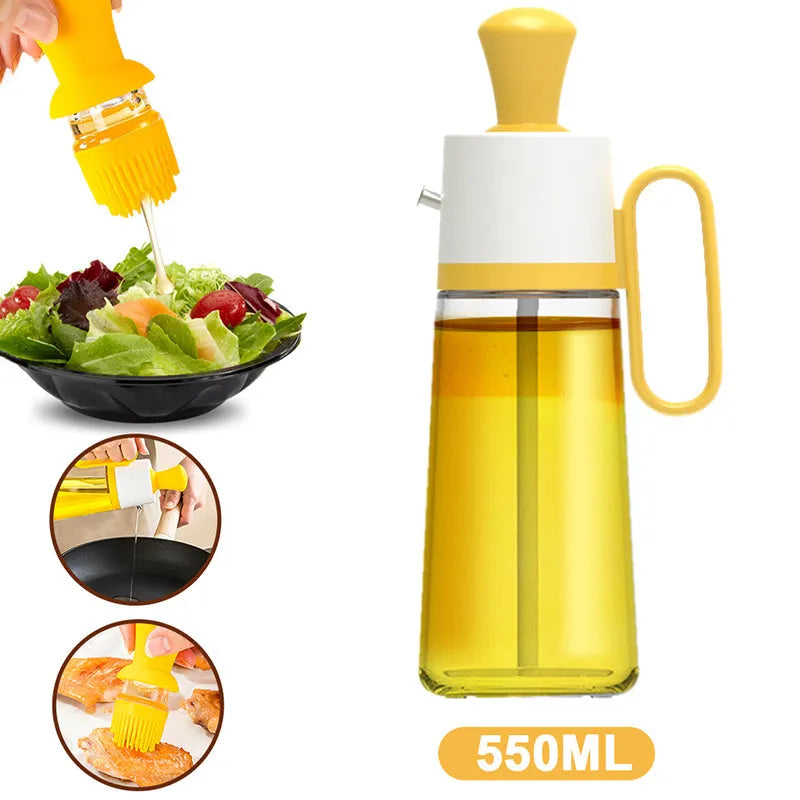 Yellow 2-in-1 oil dispenser with silicone brush, 550ml glass bottle with stainless steel nozzle