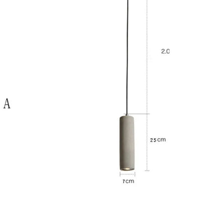 Modern cement rod chandelier with marble body and adjustable suspension hanging from a ceiling