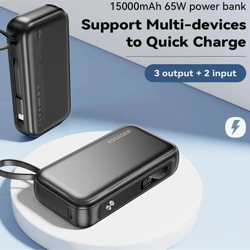 Black 15000mAh power bank with digital display, 65W Type-C output, 60W input, and USB-A port