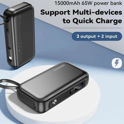 Black 15000mAh power bank with digital display, 65W Type-C output, 60W input, and USB-A port