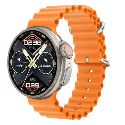 Black K9 smart watch with round screen and silicone strap on wrist