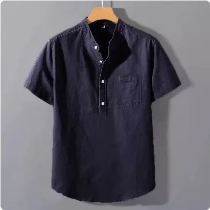 Men's casual beige linen-cotton shirt with stand collar and short sleeves on a hanger
