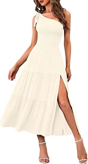 Elegant one-shoulder pleated maxi dress in various colours, featuring an asymmetrical hem and side slits for a stylish, head-turning look