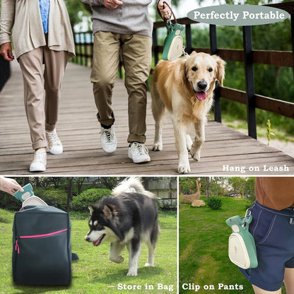 Blue portable dog pooper scooper with carabiner clip and waste bag dispenser, shown next to a waste bag.
