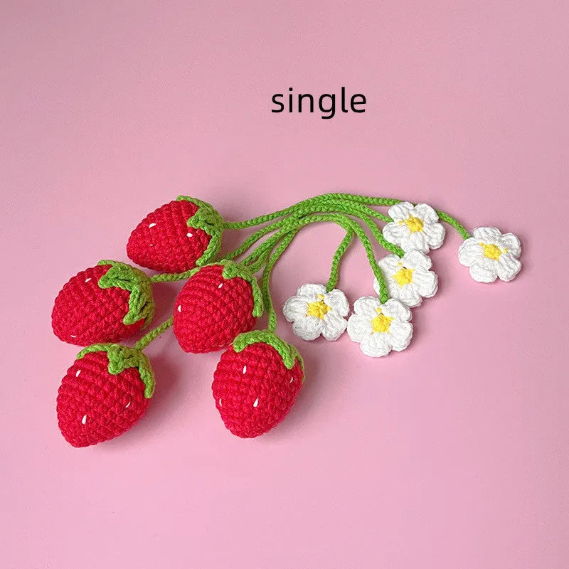 Handmade knitted wool crochet strawberry pendant necklace on a 35cm cord.