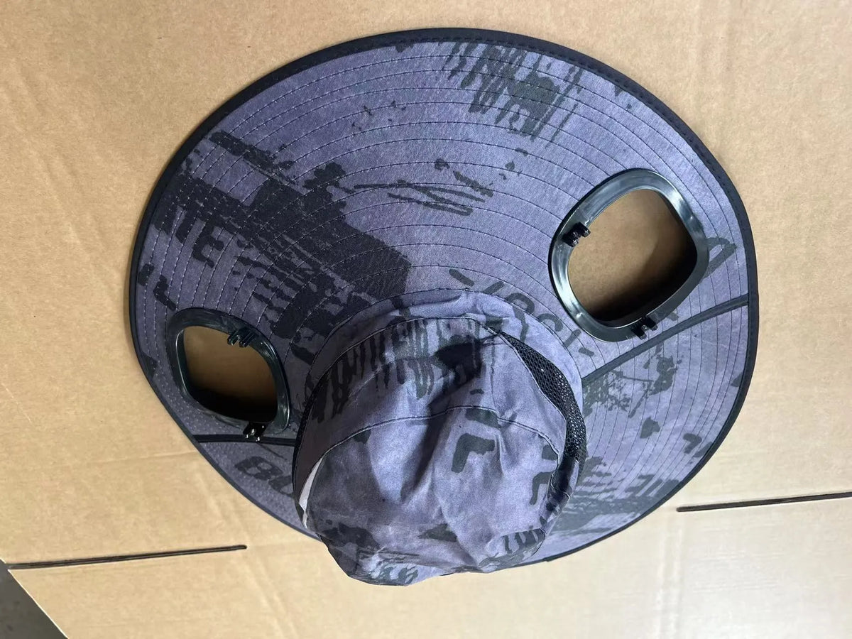 Grey men's solar fan cap with large brim and integrated fan on the front.