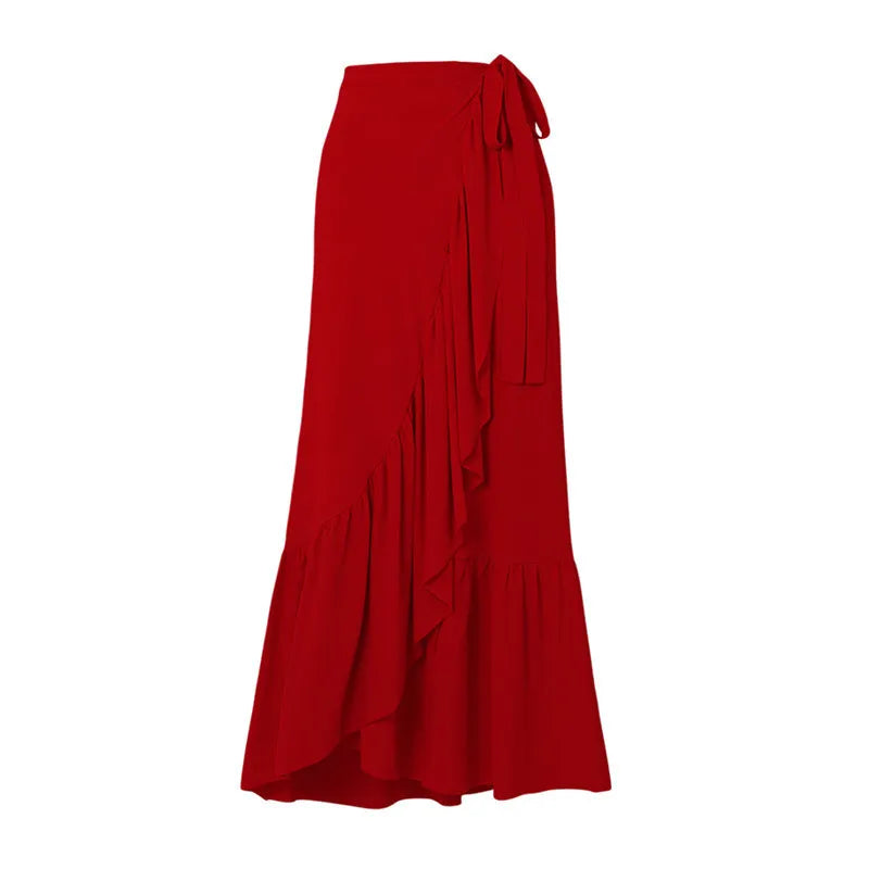 Red women's V-neck halter swimsuit with open back and a matching detachable long skirt laid flat.