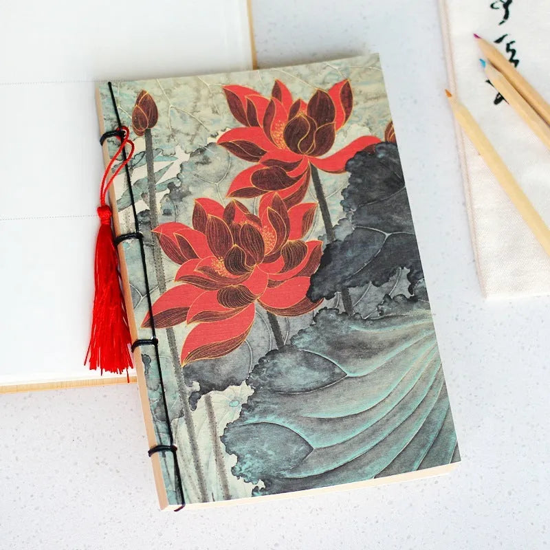A5 antique wire-bound notebook with classical artwork cover, black oil wax rope binding, and decorative tassels