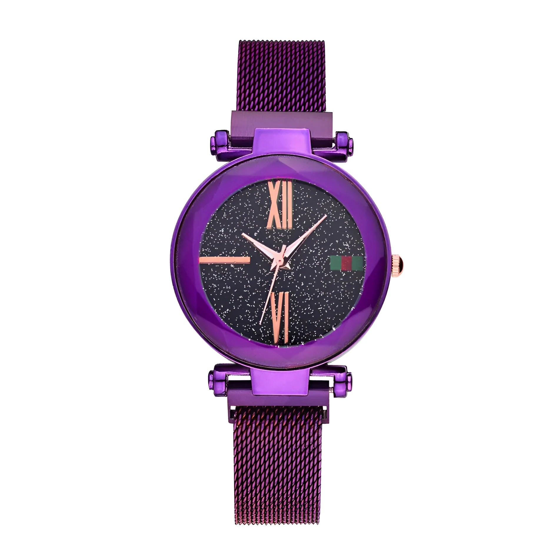 Ladies quartz watch with stainless steel magnet band in choice of six colours on wrist.