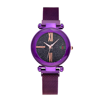 Ladies quartz watch with stainless steel magnet band in choice of six colours on wrist.