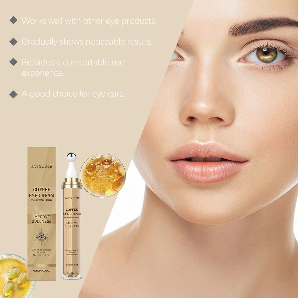 Caffeine firming eye cream in 5cm container with 20g formula for under-eye puffiness and hydration