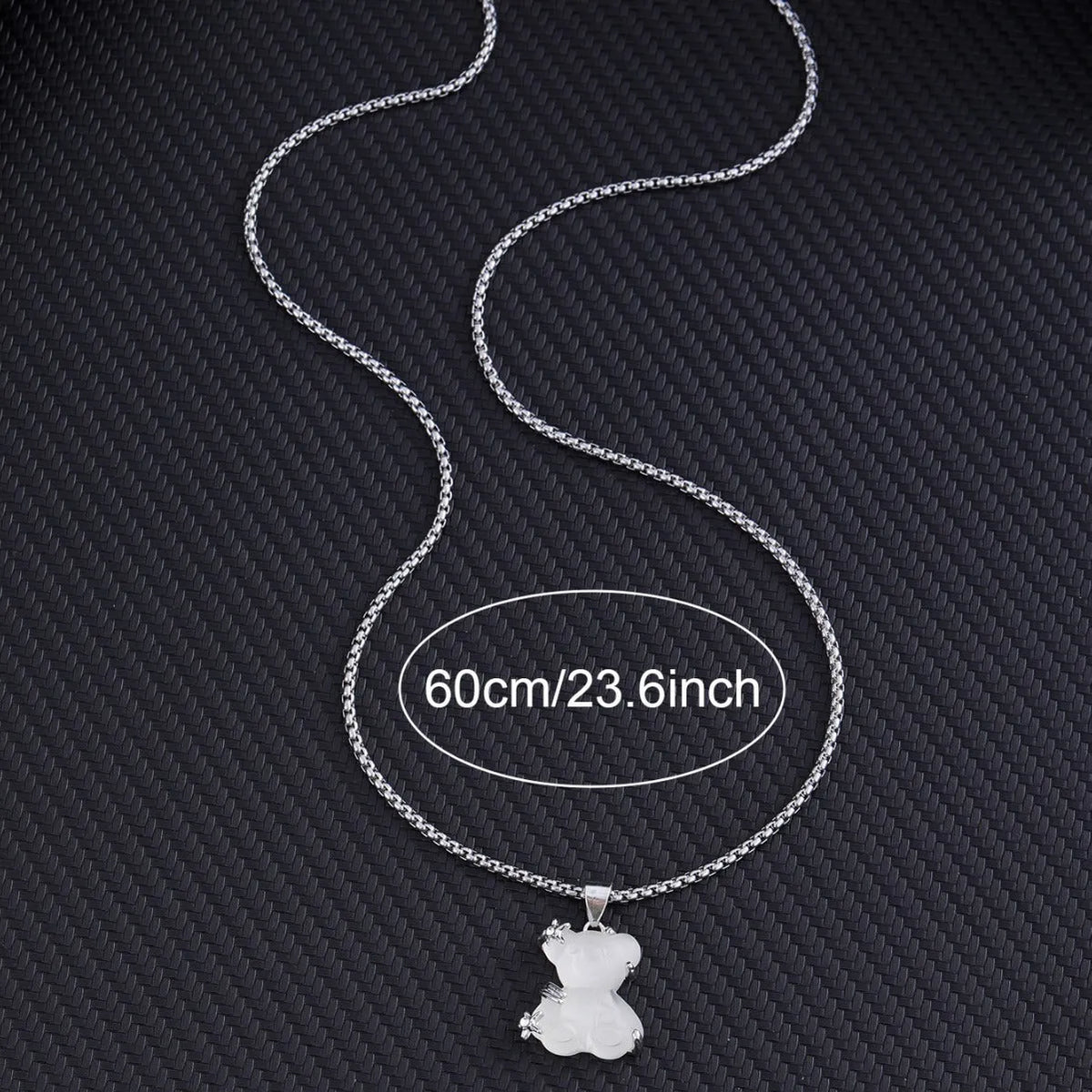 Cute little bear pendant necklace with white K-color finish and lock chain in alloy and titanium steel