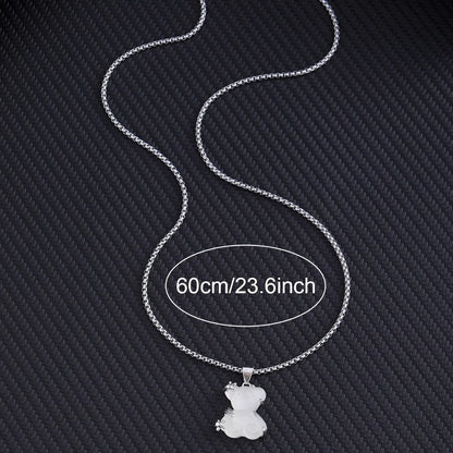 Cute little bear pendant necklace with white K-color finish and lock chain in alloy and titanium steel