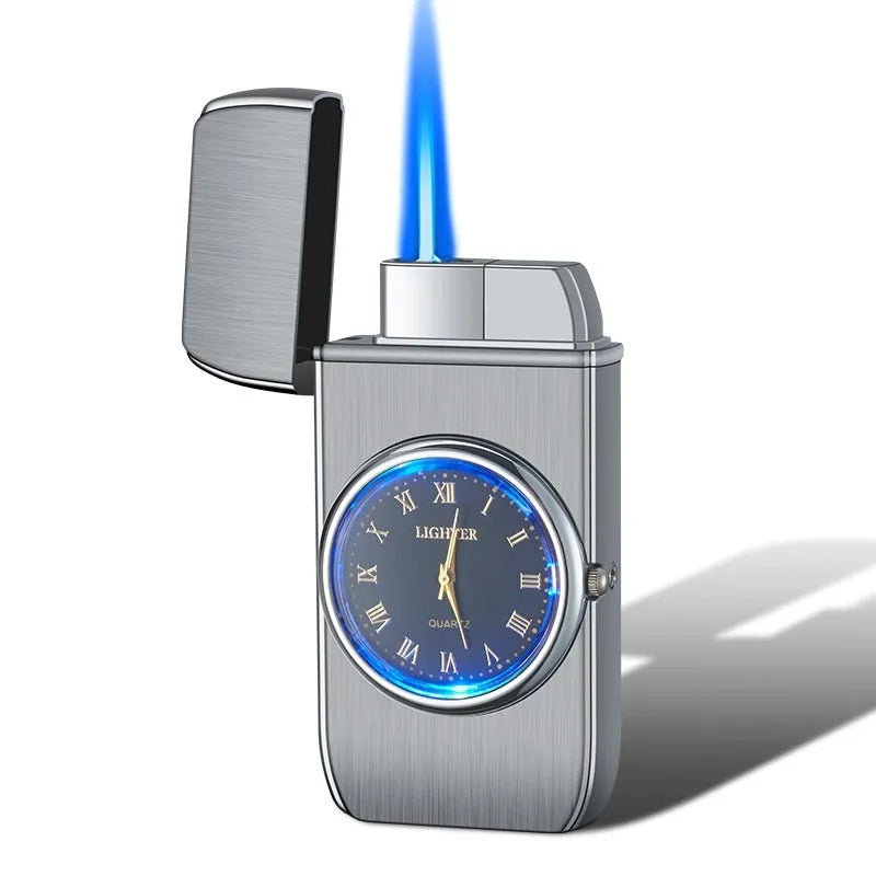 Multifunctional electronic watch lighter in black brushed metal showing watch face and ignition button.