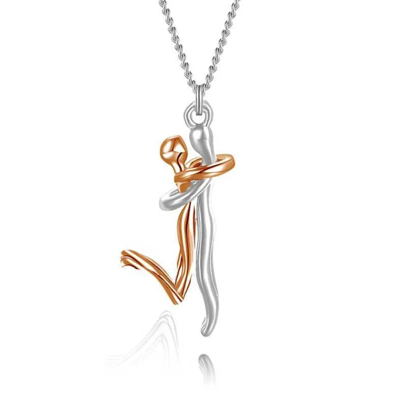 Elegant 18K plated love hug necklace with charming embrace-shaped pendant and delicate cross-chain design