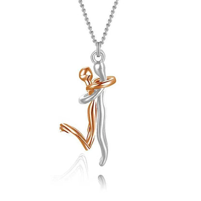 Elegant 18K plated love hug necklace with charming embrace-shaped pendant and delicate cross-chain design