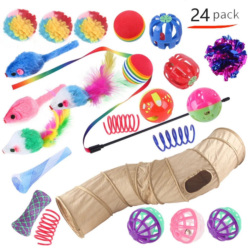 Plastic cat toy set with coloured tunnel channels and a ball for interactive indoor play.