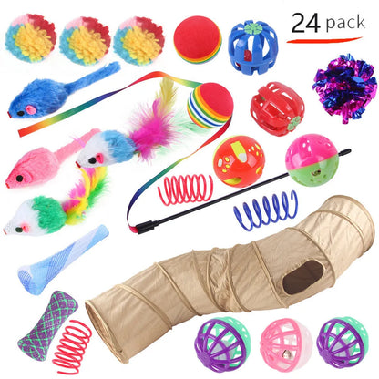 Plastic cat toy set with coloured tunnel channels and a ball for interactive indoor play.