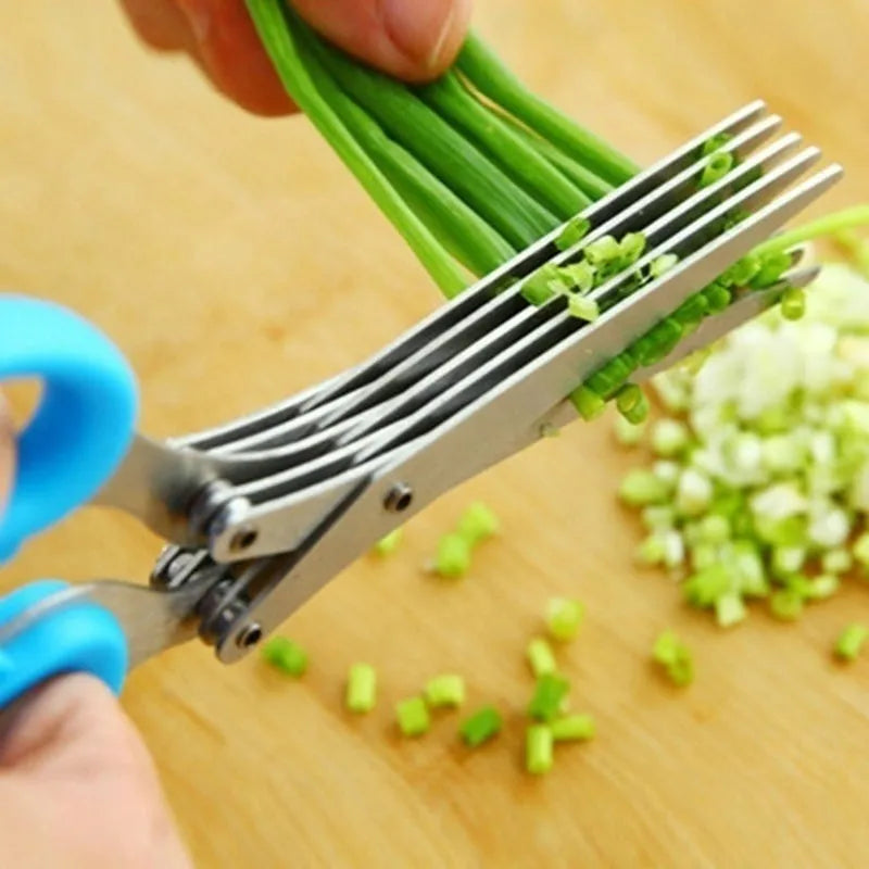 Stainless steel kitchen scissors with five parallel blades for cutting green onions and herbs