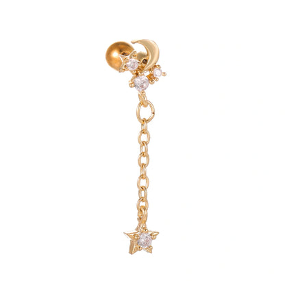 Stylish Star Moon Cubic Zirconia Cartilage Earring in gold and white