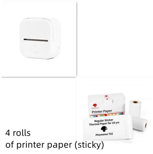 Compact Bluetooth-enabled thermal label printer in white, pink, and green colors with various label options
