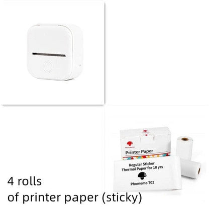 Compact Bluetooth-enabled thermal label printer in white, pink, and green colors with various label options