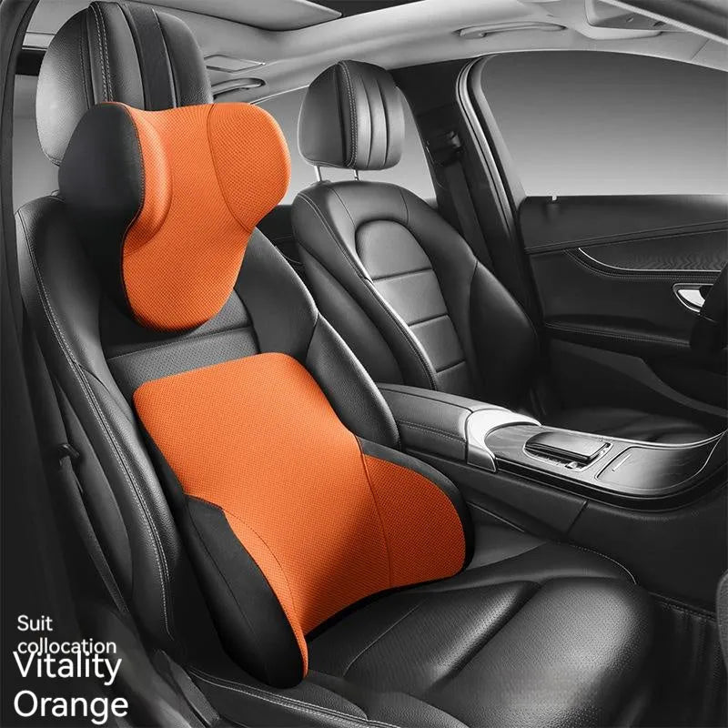 Memory foam car lumbar support pillow and matching headrest in knitted fabric with latex filler