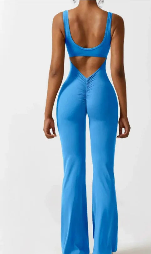 Women's tight Milk Silk yoga bodysuit in seamless hollow design with chest pad, shown in a trousers-length mid-waist fit.