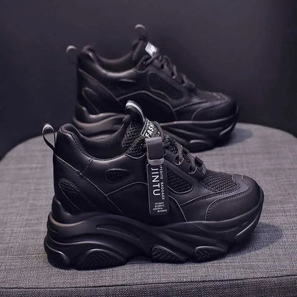 Women's black mesh platform casual shoes with a hollow-out design and a toe-holder strap.