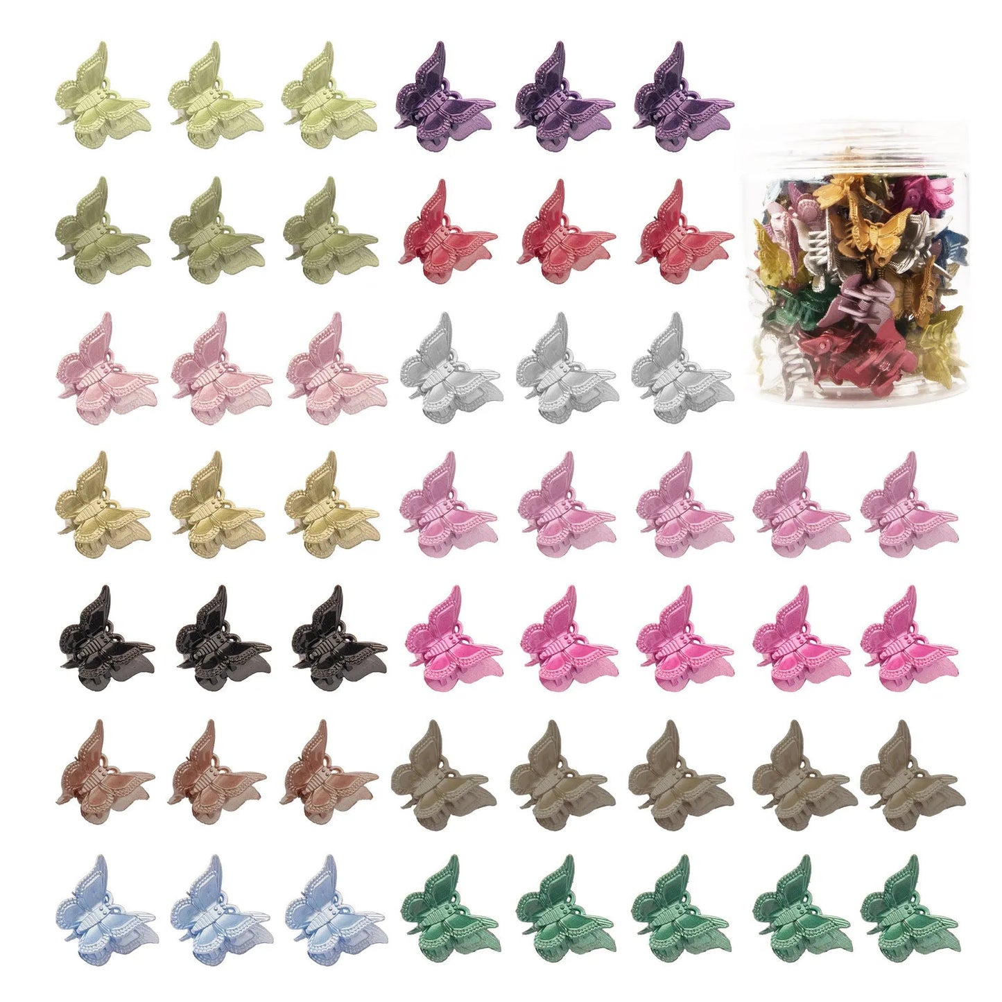 50 glitter butterfly hair claw clips in assorted colours on a white background.