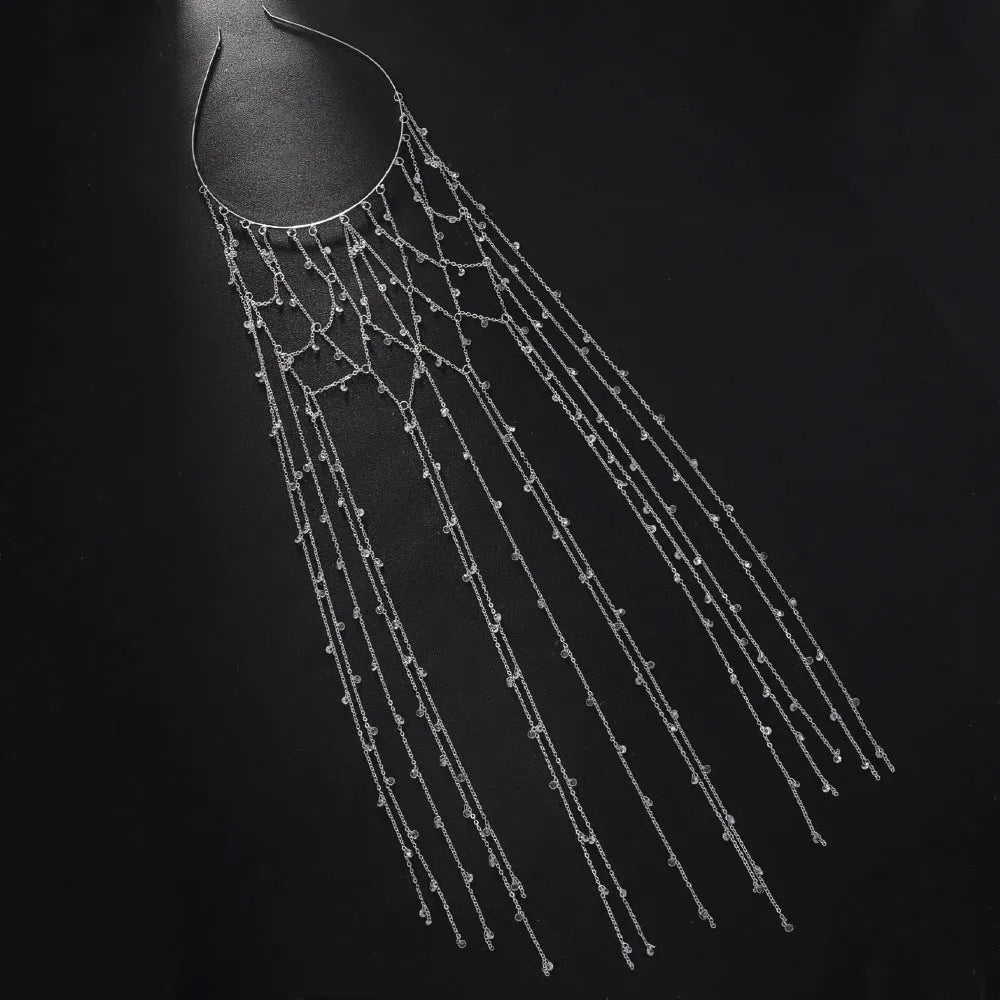Gold mesh tassel headband with central rhinestone cluster for formal hairstyles