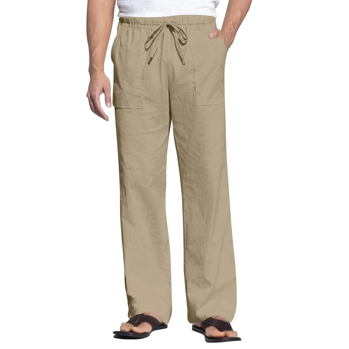 Men's cotton beach trousers with drawstring elastic waist straight leg casual design in multiple colours