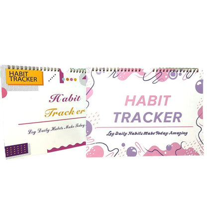 Habit tracking planner book open showing 12 internal pages, measuring 21cm by 28cm.