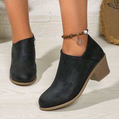 Women's chunky heel ankle boots with side zipper in blue, black, and khaki