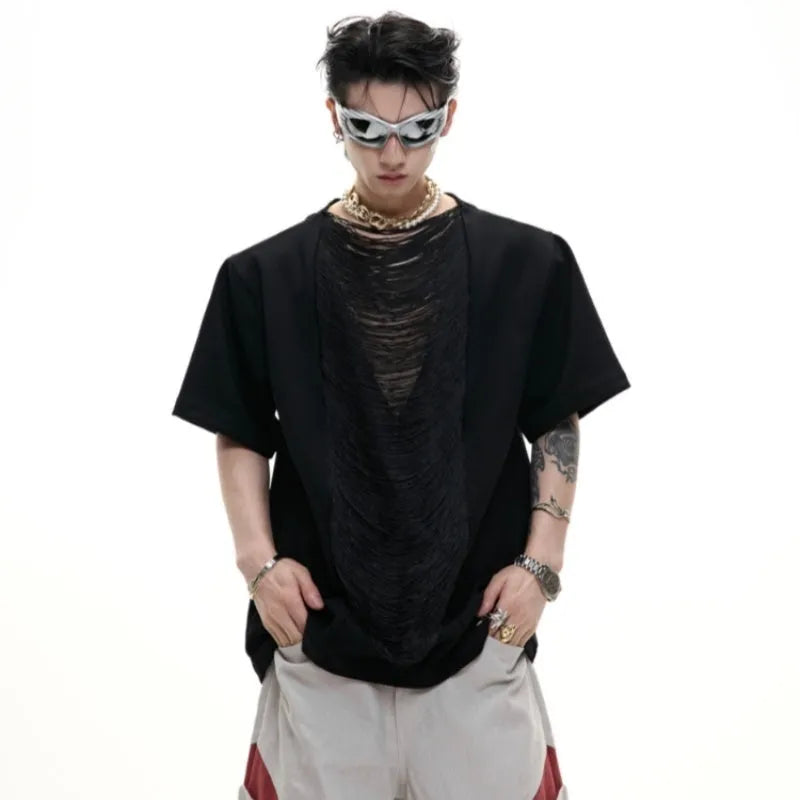 Man's black loose fit t-shirt with a hollow out V-neck design and short sleeves.