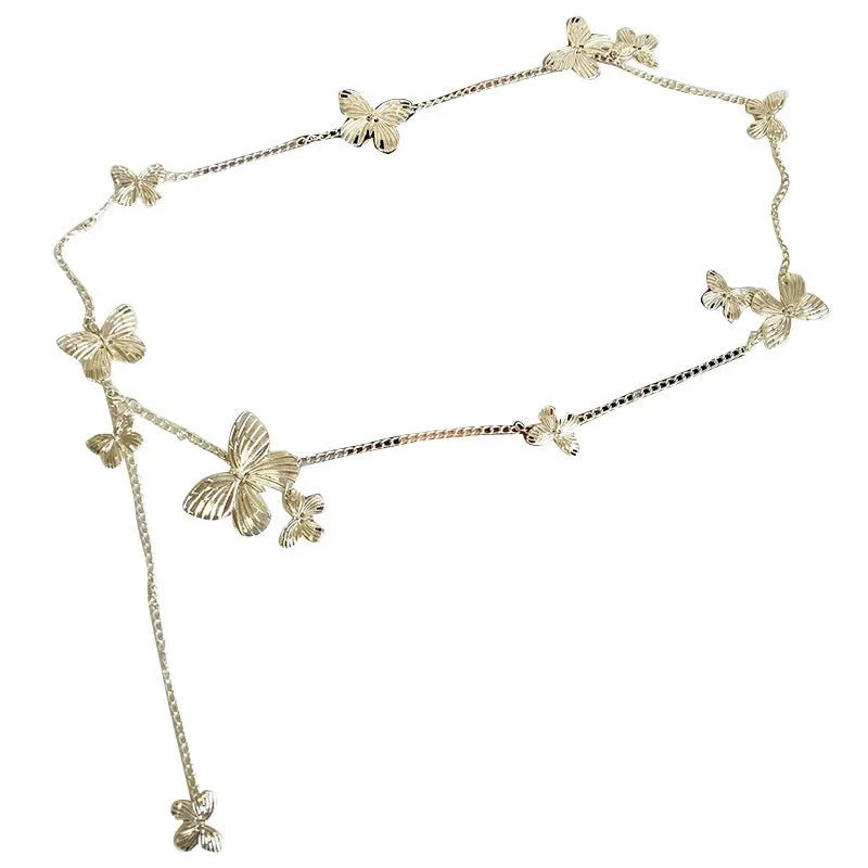 Gold or silver butterfly waist chain belt with alloy construction, measuring 104cm long.