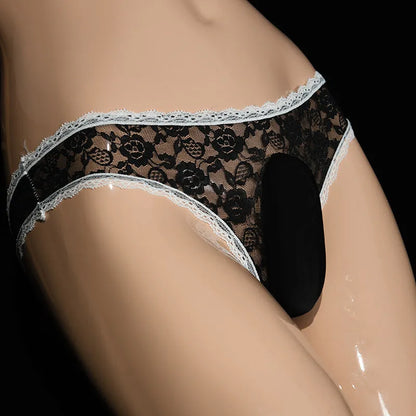 Men's lace triangle underwear with vertical pouch design in red colour on a mannequin.