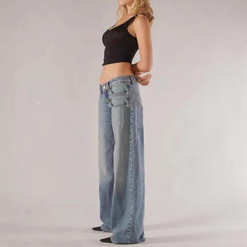 Women's blue cotton wide leg trousers with low waist and contrast stitching detail