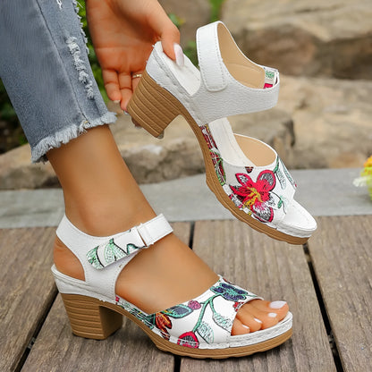 White women's high heel sandals with velcro buckle closure and rubber sole