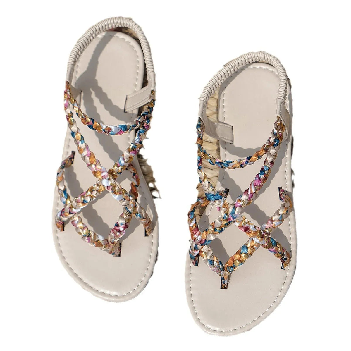 Adult flat sandals with elastic band, cloth upper, and plastic sole