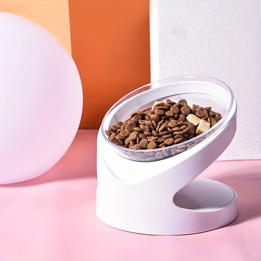 White elevated cat food bowl with tilt angle and neck support ridge