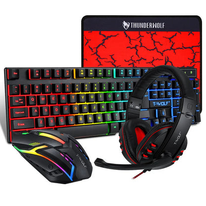Thunder Wolf gaming keyboard mouse set with luminous effects and matching headset on mouse pad