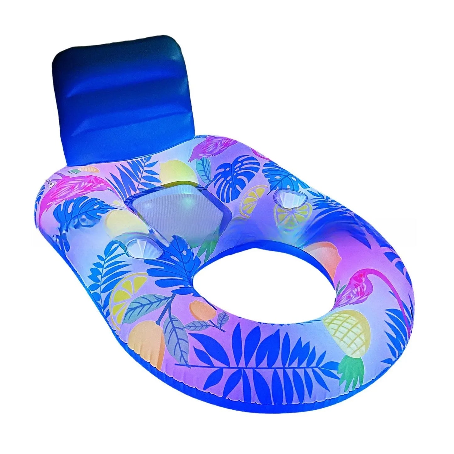 White luminous inflatable floating bed with backrest recliner seat in swimming pool