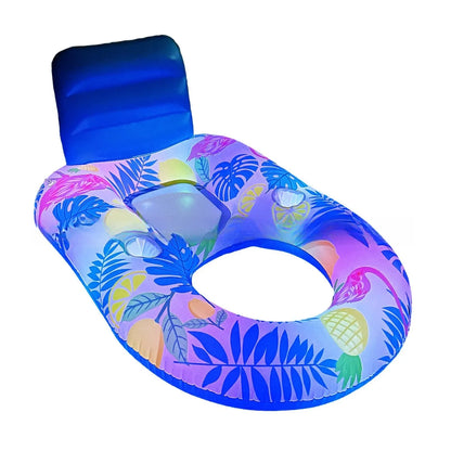 White luminous inflatable floating bed with backrest recliner seat in swimming pool