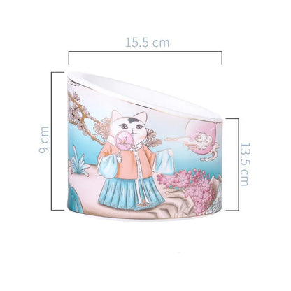 Chinese style ceramic cat bowl with high legs and double compartments