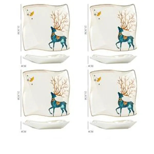 Round porcelain dinner plate with Nordic plant and flower design, flat disk shape, glaze colour finish